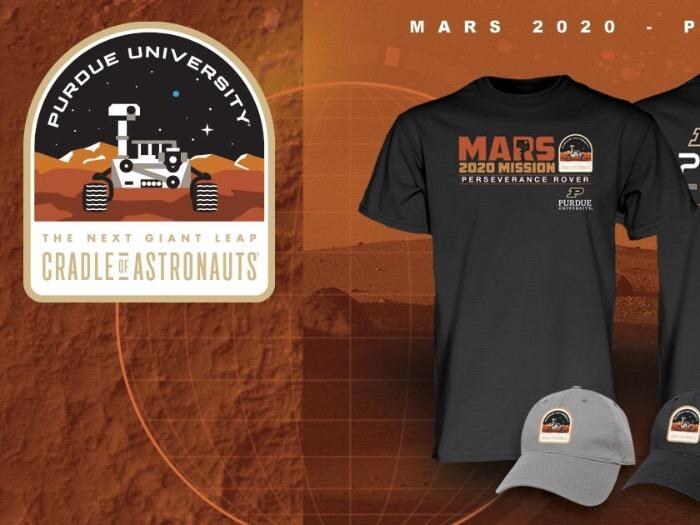 The final Purdue Cradle of Astronauts patch with the Perseverance rover, next to a Mars 2020 T-shirt